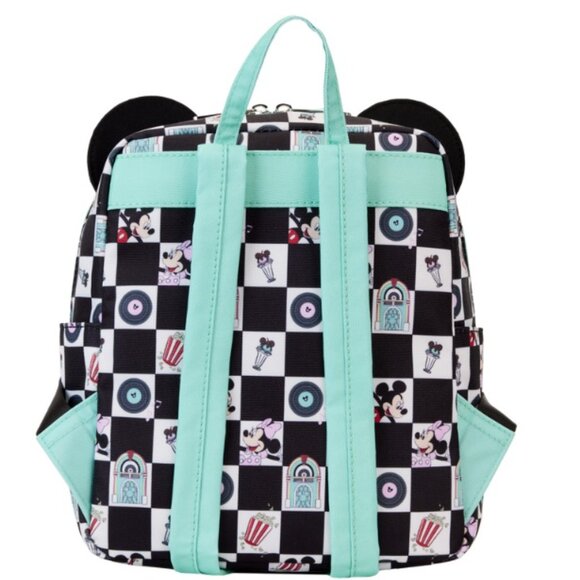 Loungefly Mickey & Minnie Date Night Diner Checkered Nylon Square Mini Backpack - Picture 3 of 7